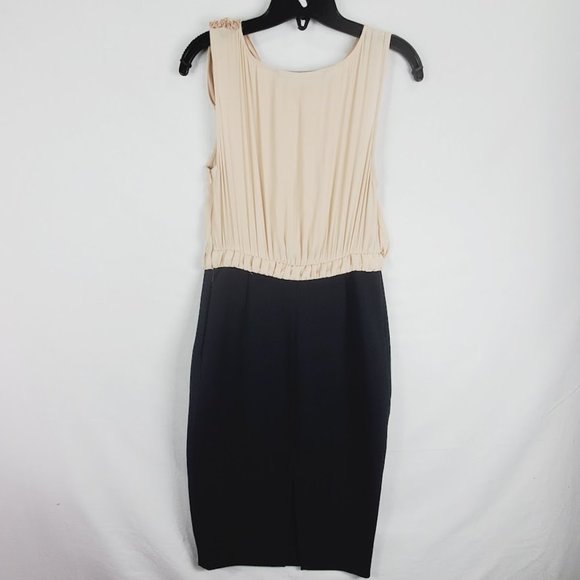 Zara Two Tone Dress w Draped Bodice Small Bone Black - Picture 2 of 5